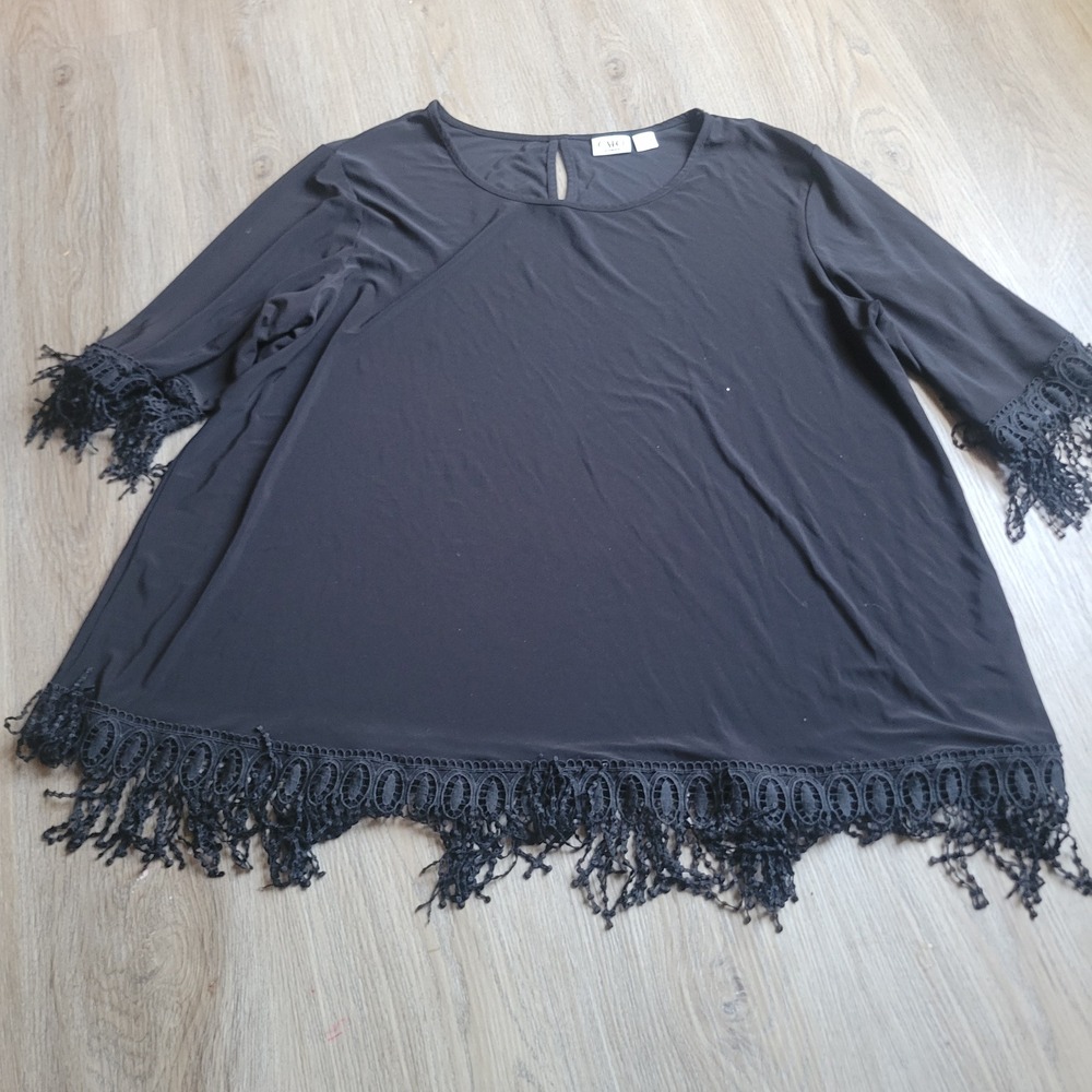 Cato Tunic Woman 22/24W Black Crochet Lace Fringe Hem Boho Chic Plus Size Top